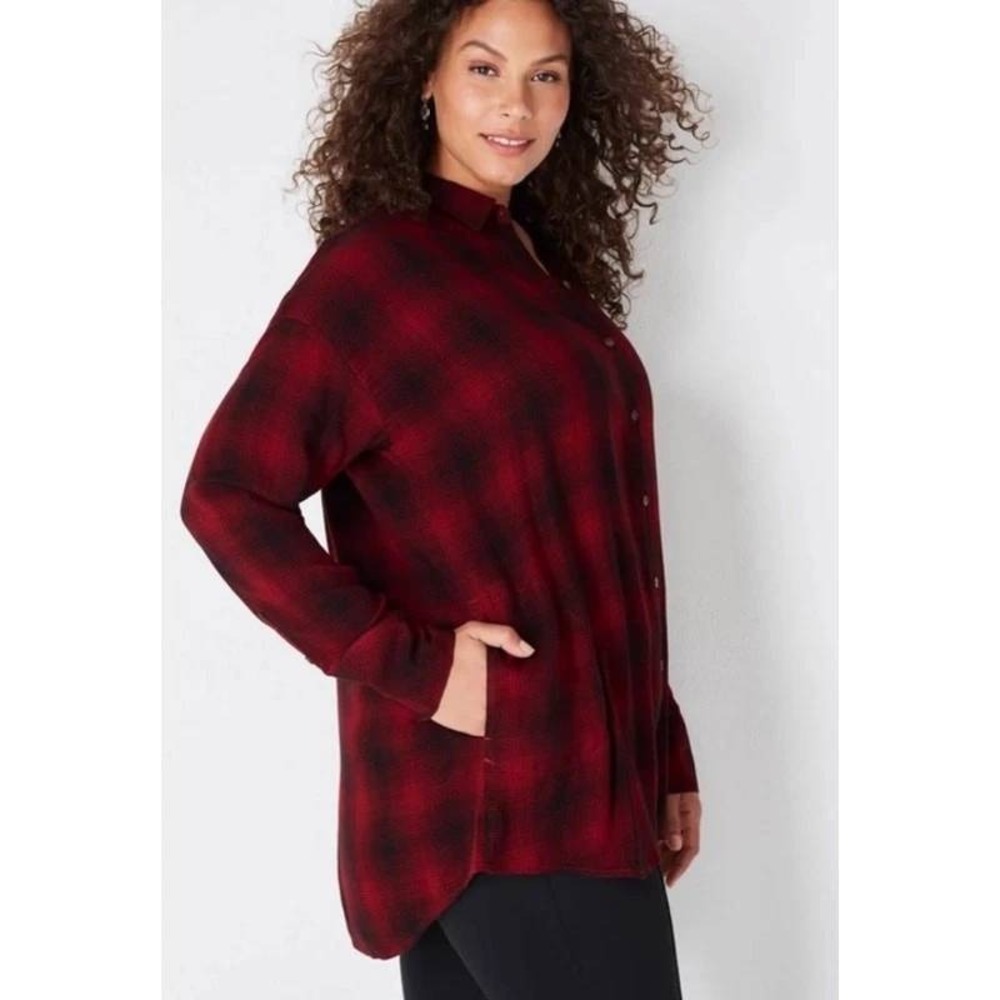 J. Jill Shirt 2X Womens Red Black Plaid Double Cloth Button Oversized Pockets